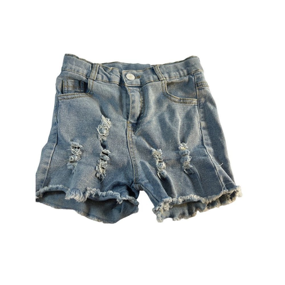 Girls Jean Shorts Distressed Raw Hem Adjustable Waist Size 7